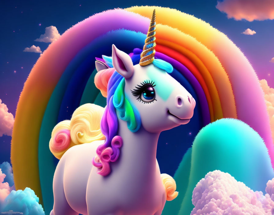 Colorful smiling unicorn with golden horn in rainbow landscape