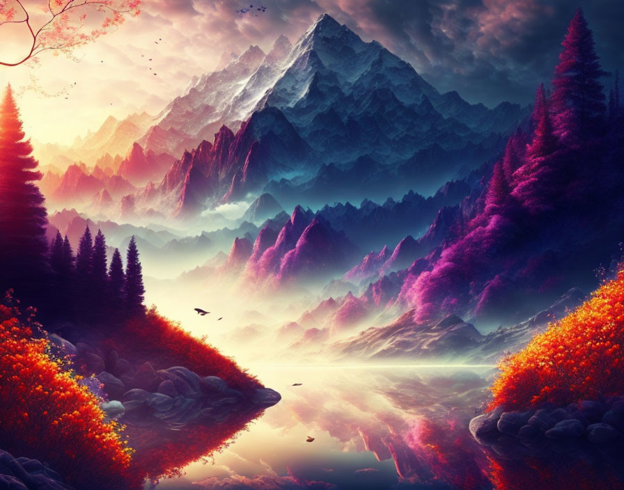 Surreal landscape with purple foliage, reflective lake, snow-capped mountains, sunset sky.