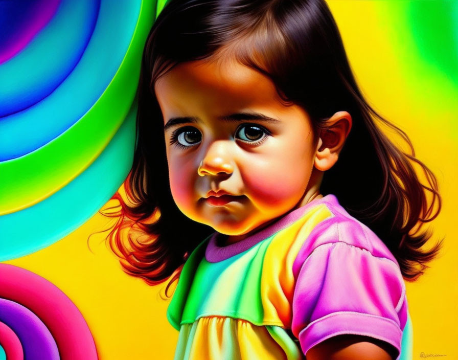 Colorful illustration of young girl in striped shirt on vibrant background