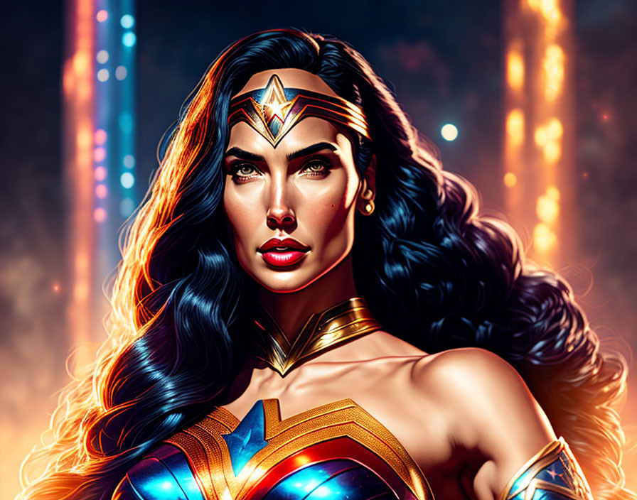 Dark-haired female superhero in golden tiara and armor, wielding glowing lasso against fiery backdrop