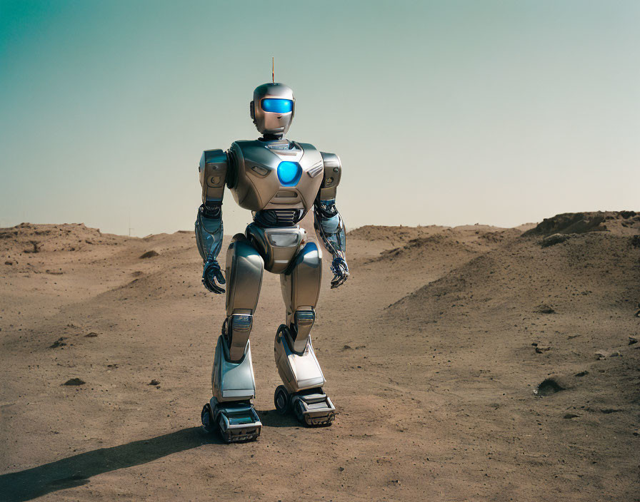 Humanoid robot on Mars-like barren landscape