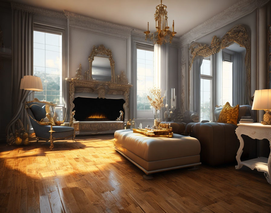 Traditional Living Room with Fireplace, Classic Furniture, Chandelier, Sunlit Windows