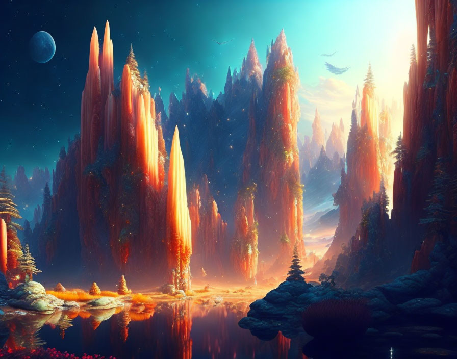 Fantasy landscape with crystal formations, river, trees, and flying creatures at twilight