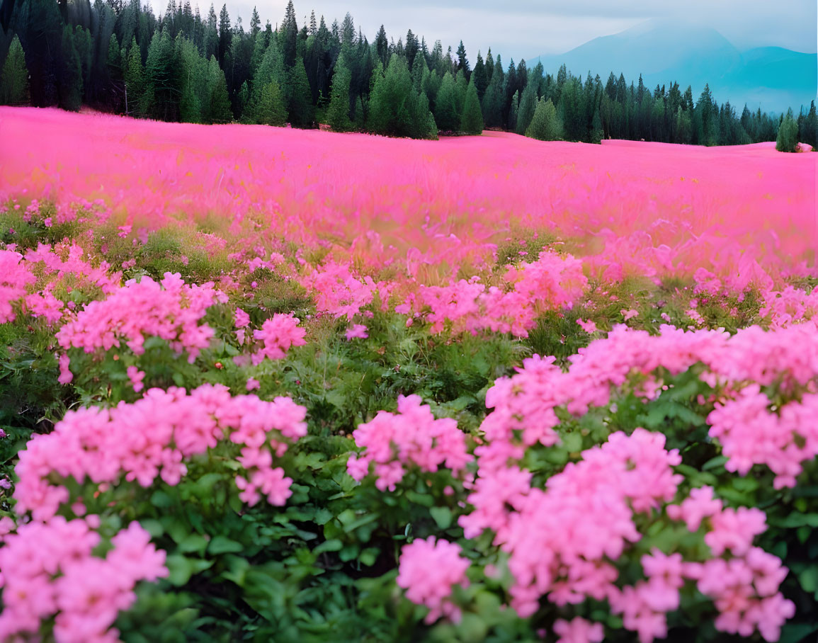 Lush Pink Flower Field with Evergreen Trees and Mountains