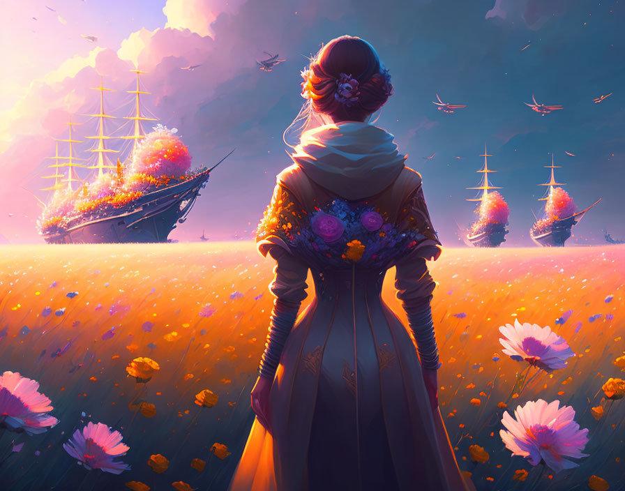 Woman in vintage dress in vibrant flower field with flying ships at sunset