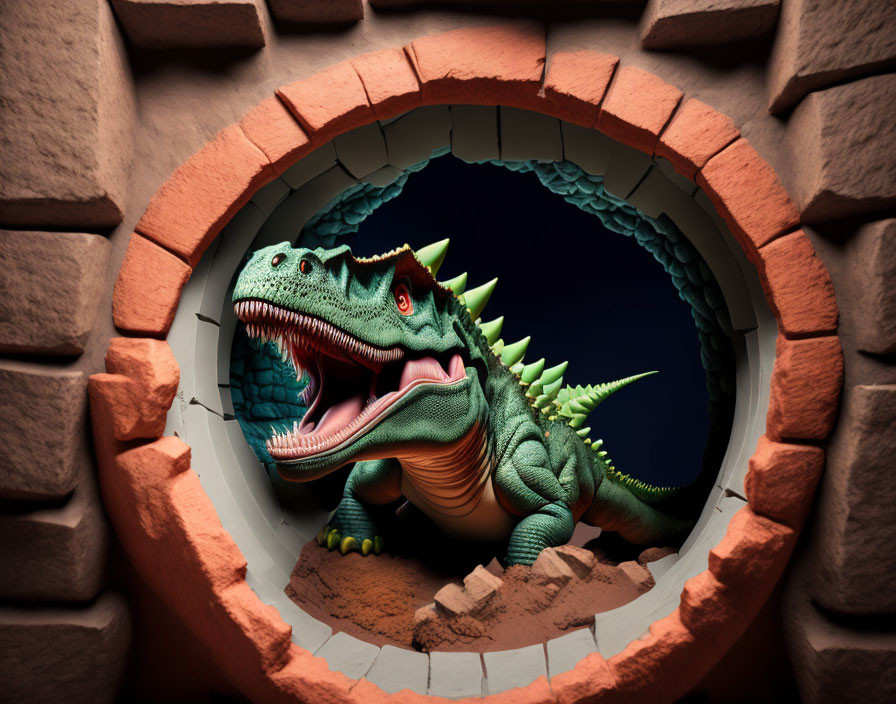 Green Dragon Breaking Through Circular Brick Wall: Digital Artwork