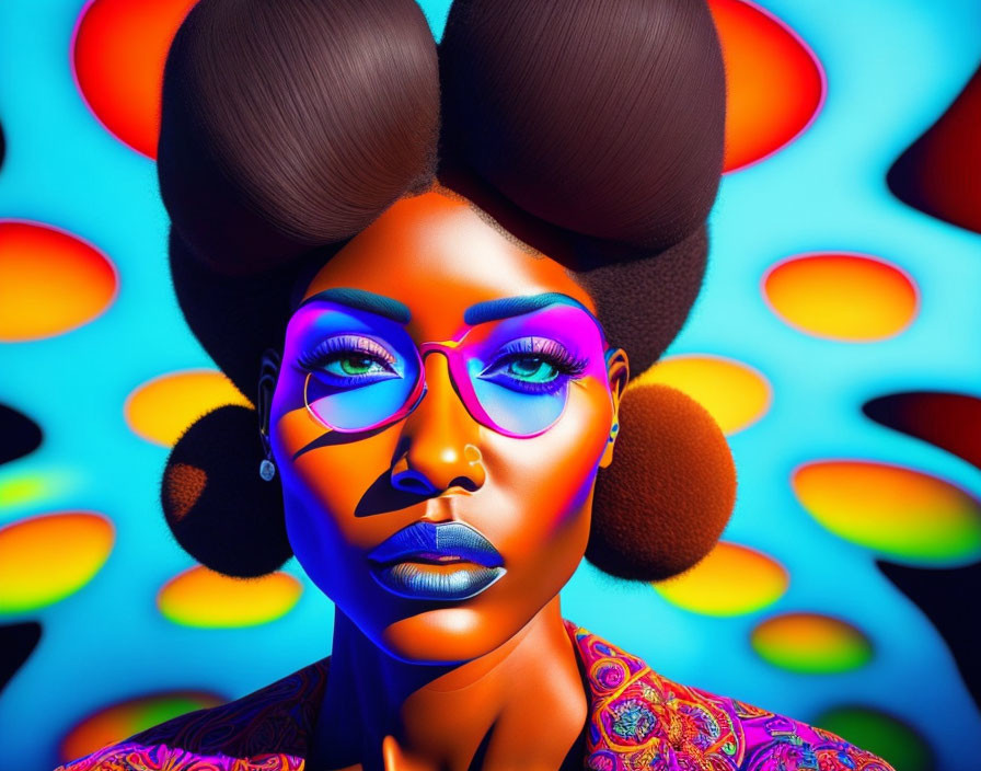 Colorful digital portrait of a woman with bold makeup and glasses on vibrant background