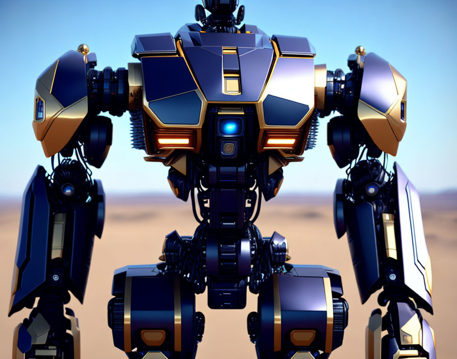 Futuristic blue and gold robot in desert setting