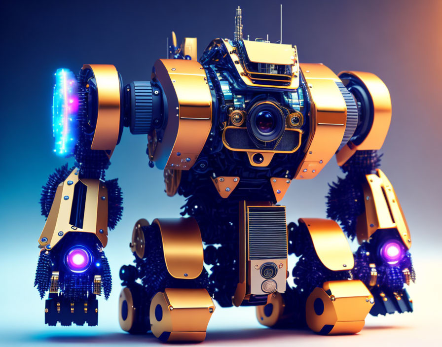 Detailed Futuristic Robot with Blue Lights and Articulated Limbs