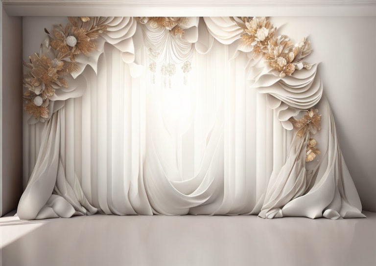 Luxurious Interior with White Draped Curtains and Floral Decorations