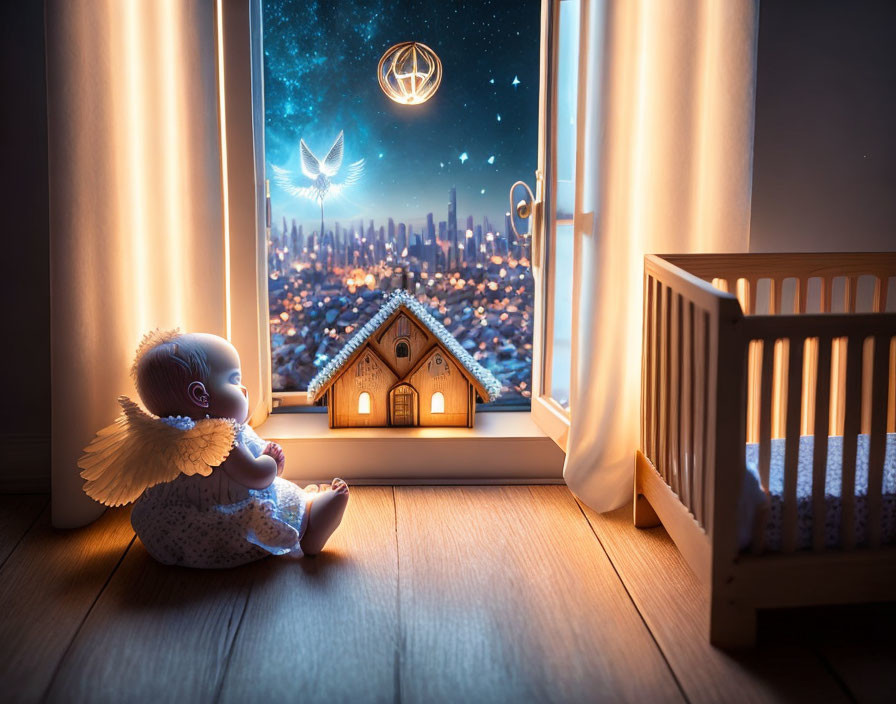 Baby with wings gazes at magical cityscape at night