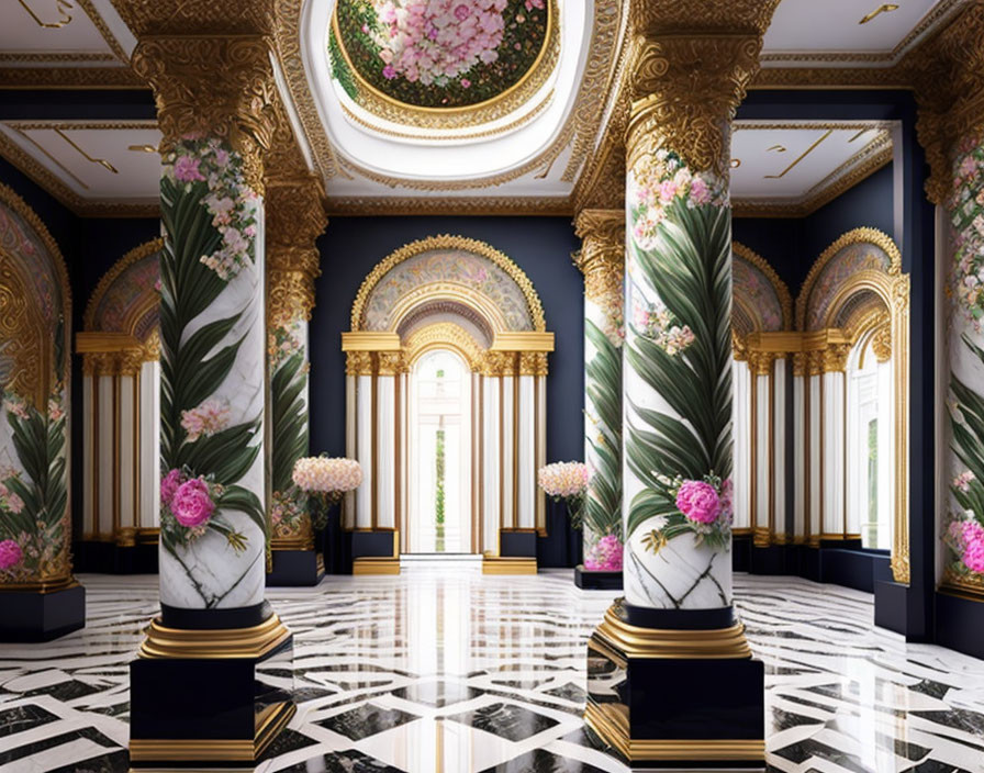 Opulent Hall with Golden Columns, Marble Floors, Arch Doorways, and Floral Decorations