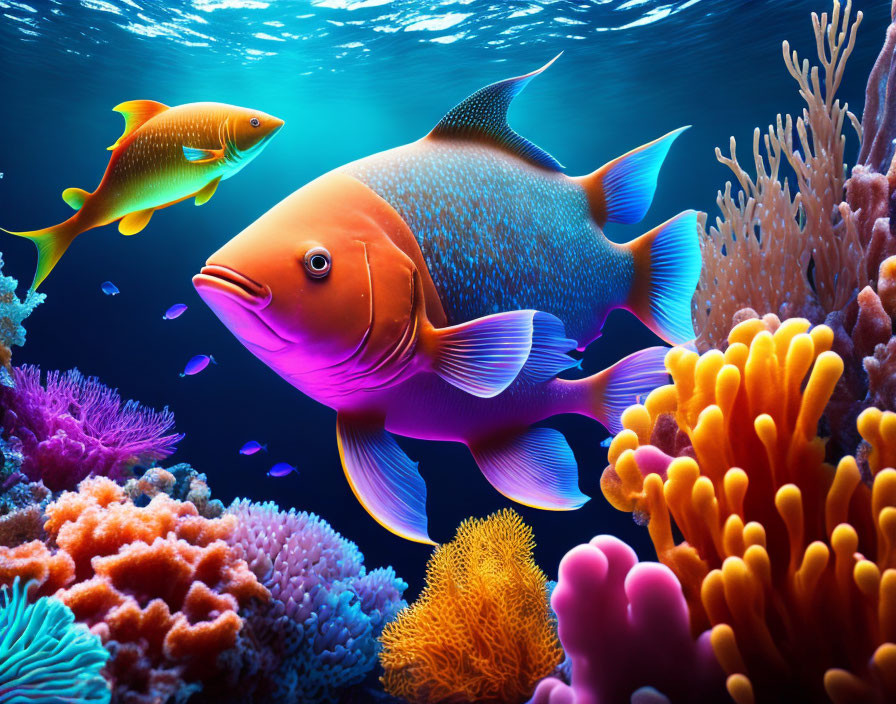 Colorful Fish Surrounded by Coral Reefs in Deep Blue Ocean