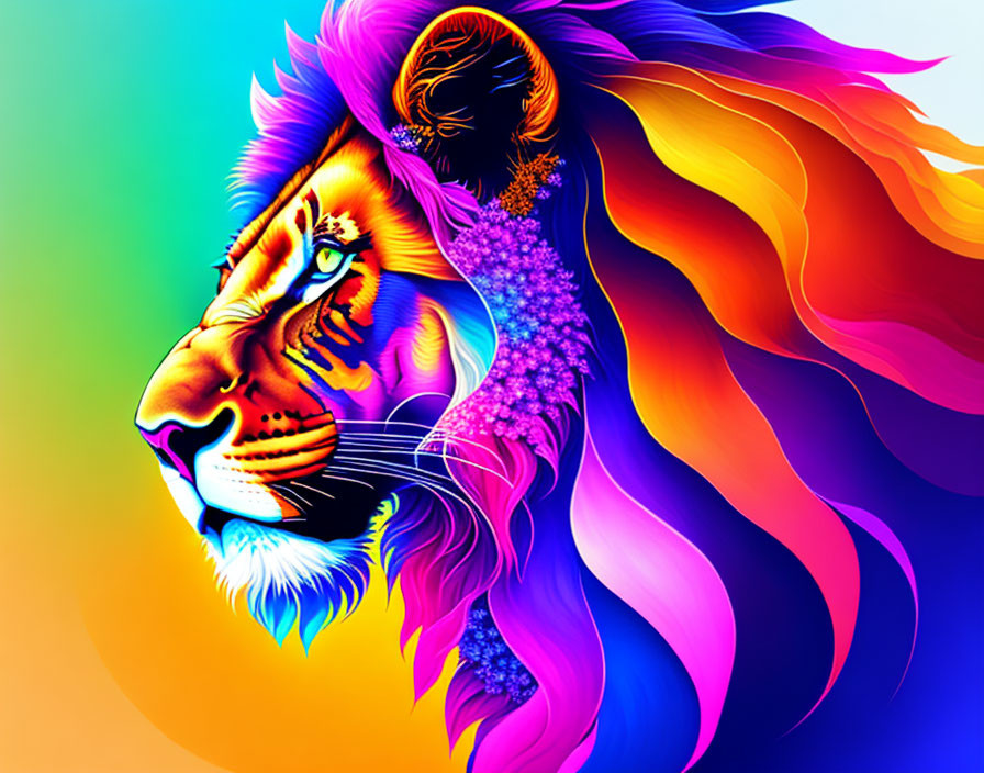 Colorful Lion Illustration with Multicolored Mane and Floral Elements