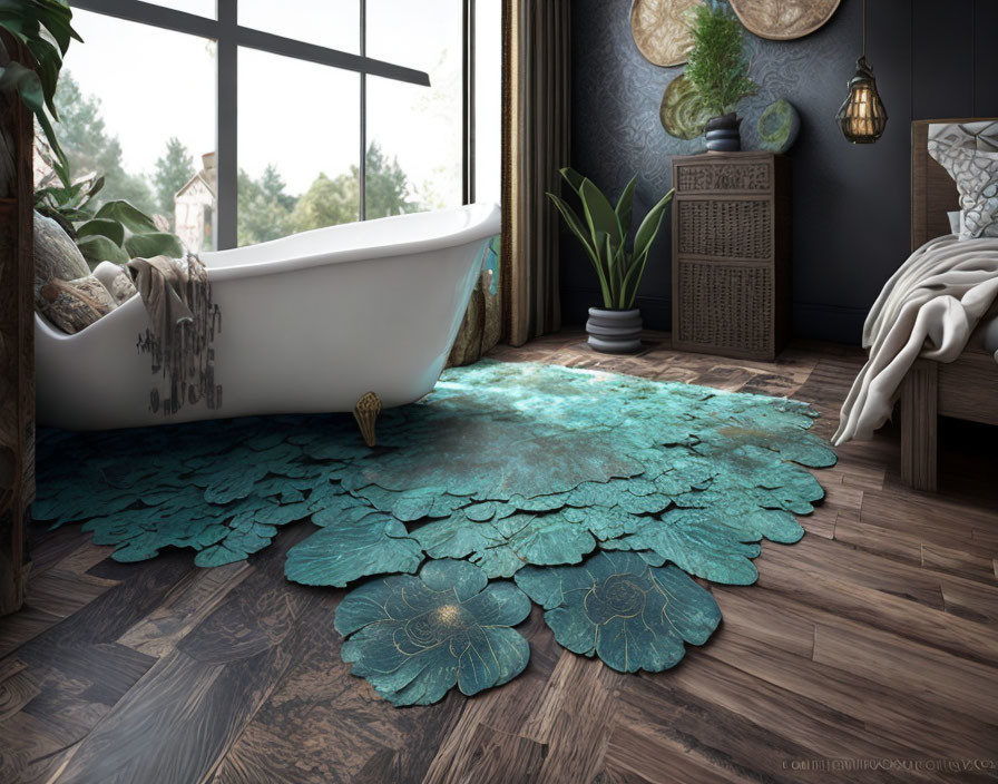 Freestanding Tub Bathroom with Wooden Floor and Nature-Inspired Decor