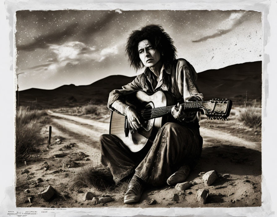 Person with messy hair holding guitar on desolate road under dramatic sky