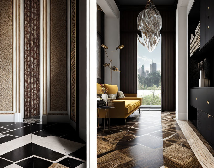 Elegant Room with Herringbone Wood Floor & Mustard Yellow Armchair