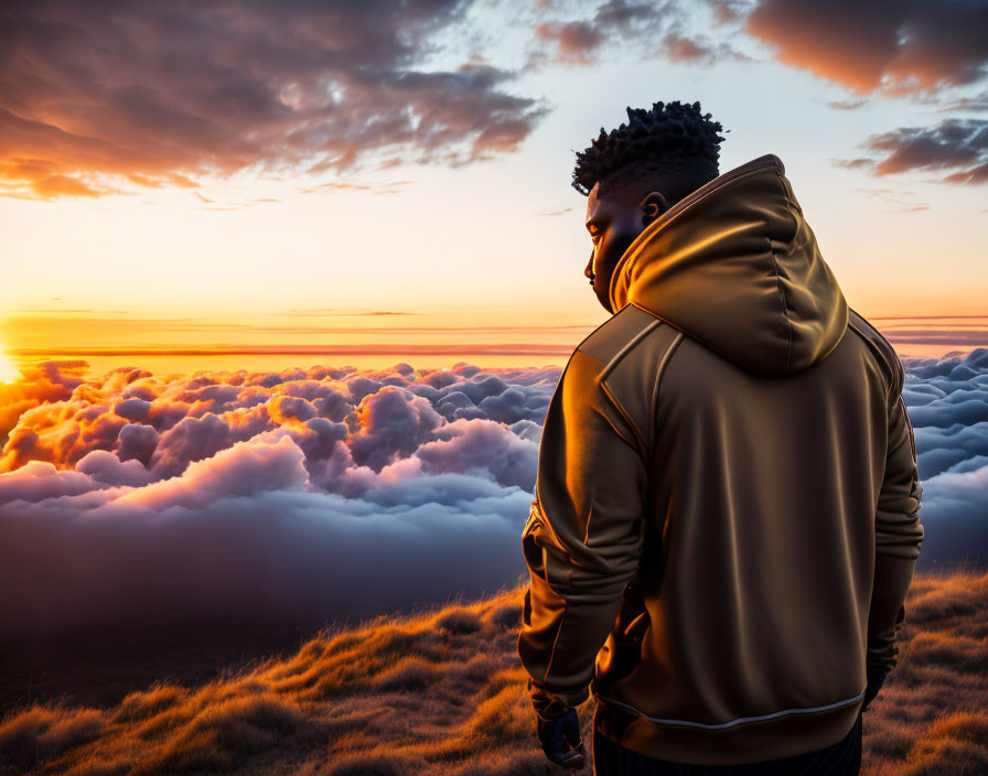 Hooded figure admires sunset over cloud-filled valley