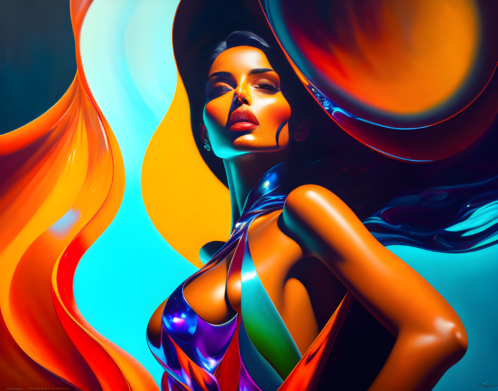 Colorful digital portrait of woman with flowing hair against vibrant background