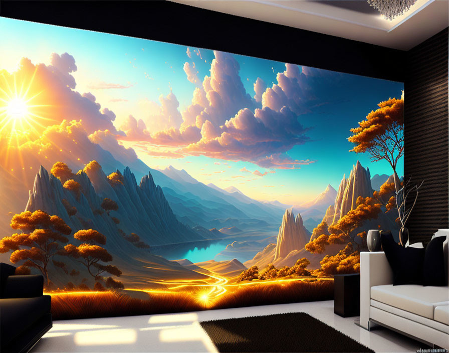 Modern decor room with vibrant sunset mural