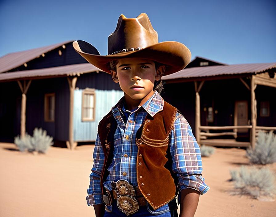 Young person in cowboy outfit standing in desert with rustic building