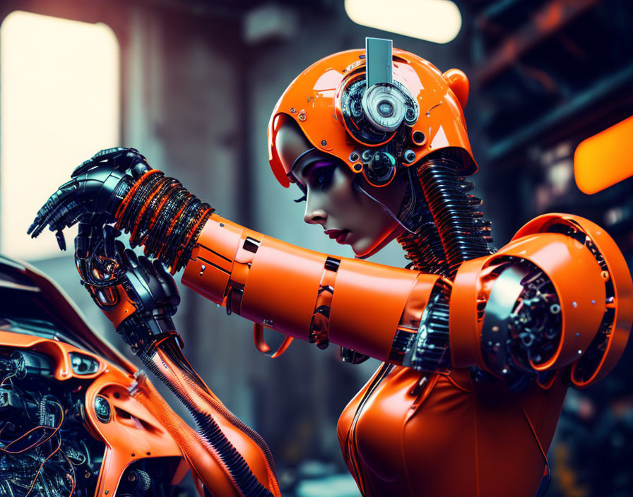 Orange humanoid robot in machinery workshop.