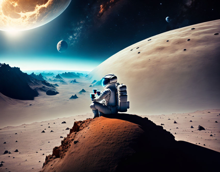 Astronaut on rocky alien planet with large moons in sky