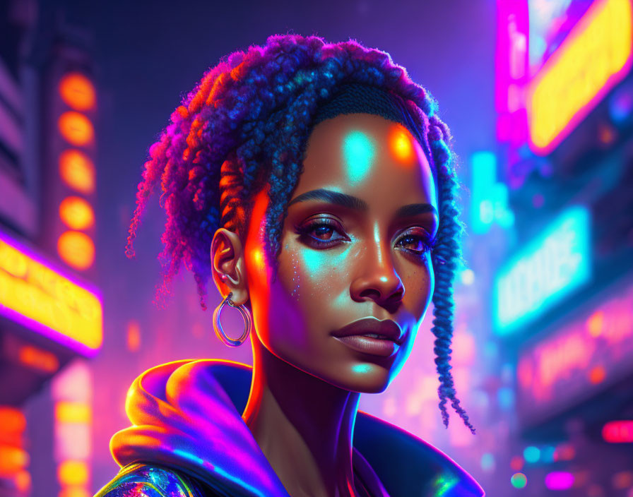 Digital portrait of woman with glowing skin and blue braided hair under neon city lights