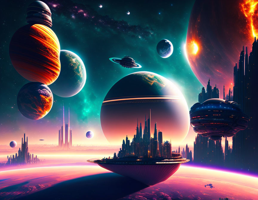 Futuristic sci-fi cityscape on a vibrant planet with spacecraft and nebula