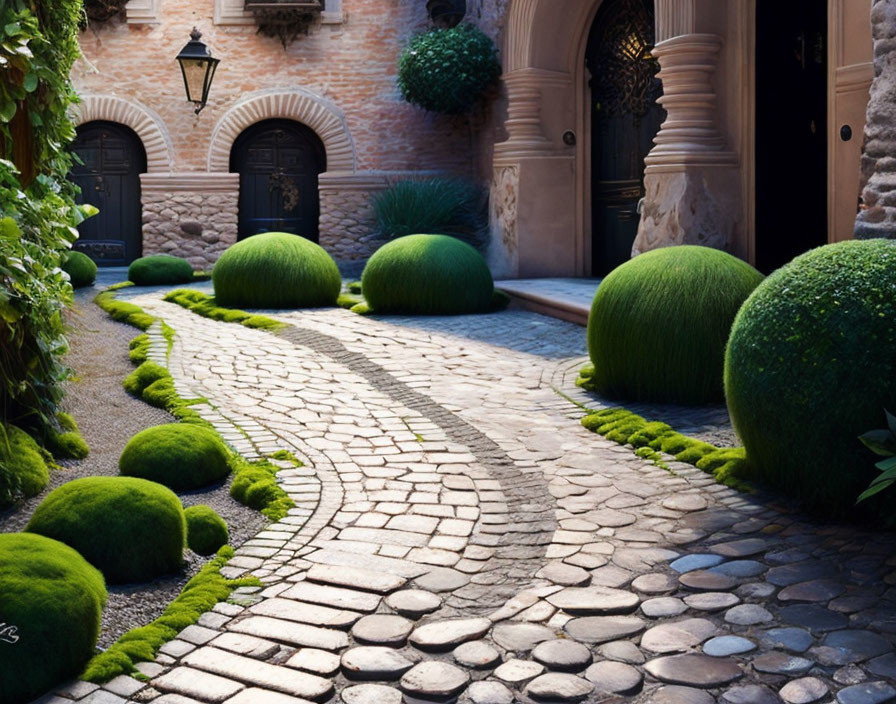 Manicured shrubs, brick walls, cobblestone pathway in courtyard