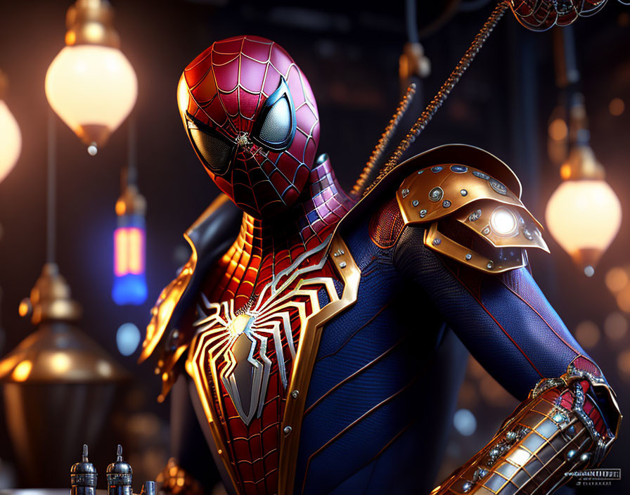 Detailed Spider-Man Suit with Mechanical Shoulder Accents Against Glowing Vintage Lights