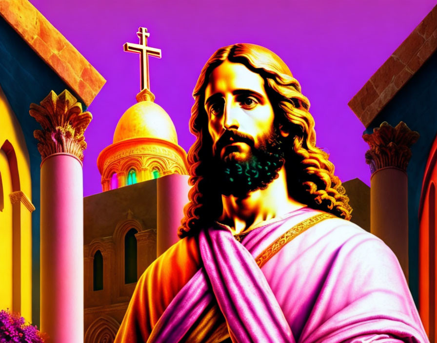 Colorful Jesus Figure with Golden Halo in Purple Sky & Christian Architecture