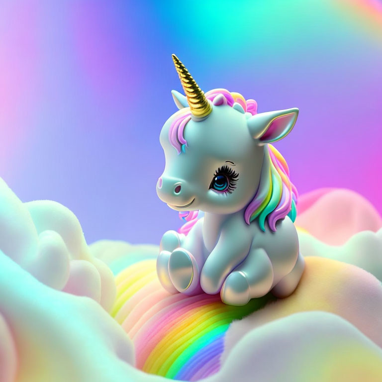 Colorful 3D unicorn with golden horn on fluffy clouds