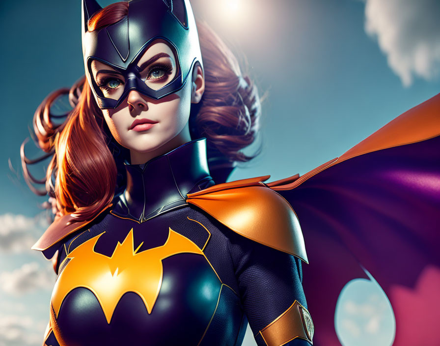 Female superhero with bat emblem, cowl, cape, and red hair.