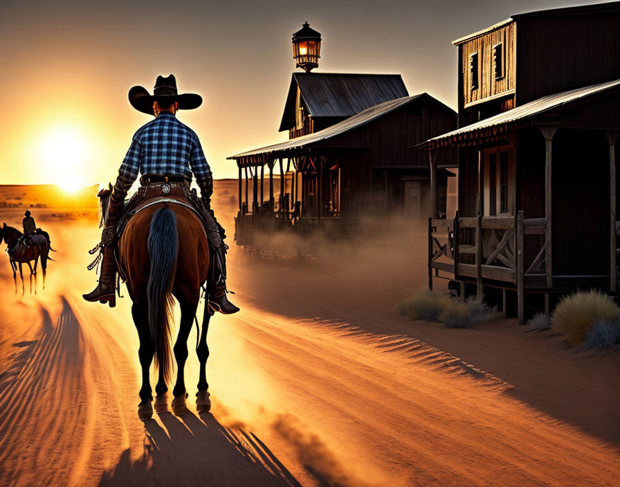 Cowboy riding horse in western town at sunset