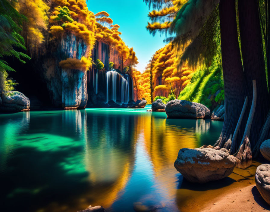 Tranquil waterfall cascades into turquoise pond amid autumn trees