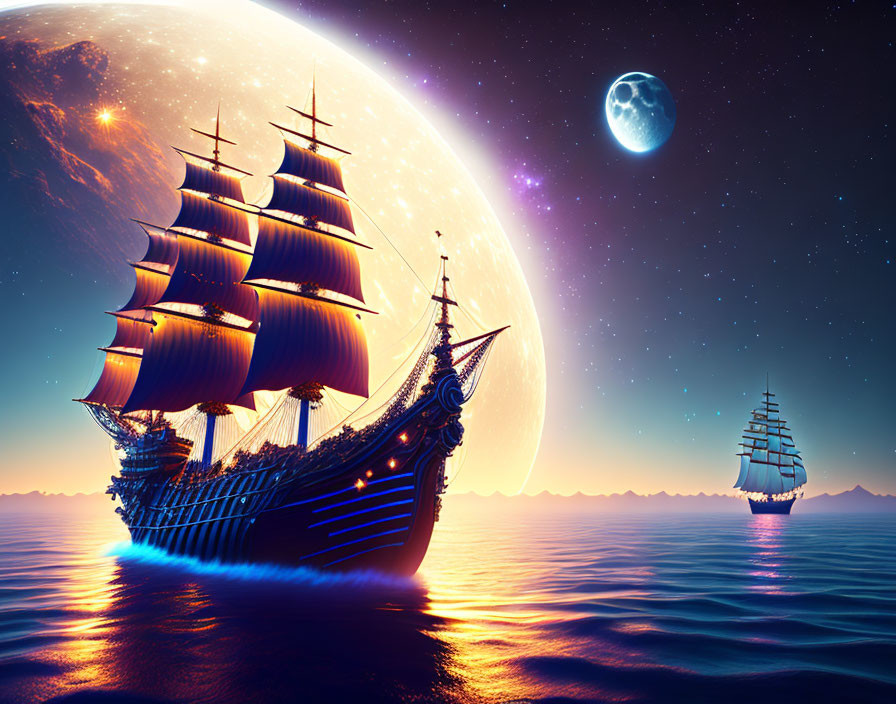 Glowing old-fashioned ship on calm ocean under twilight sky