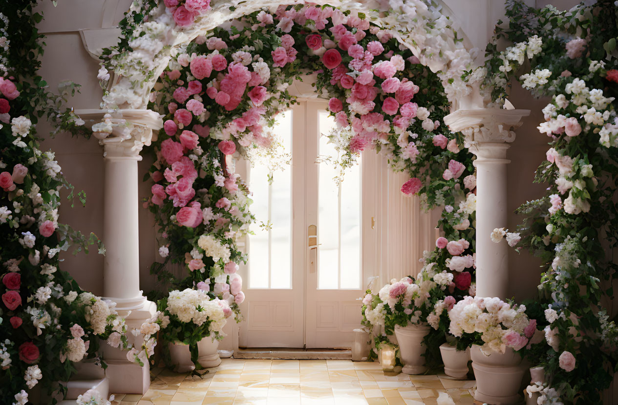 Lush Pink and White Flower Archway in Soft Sunlight