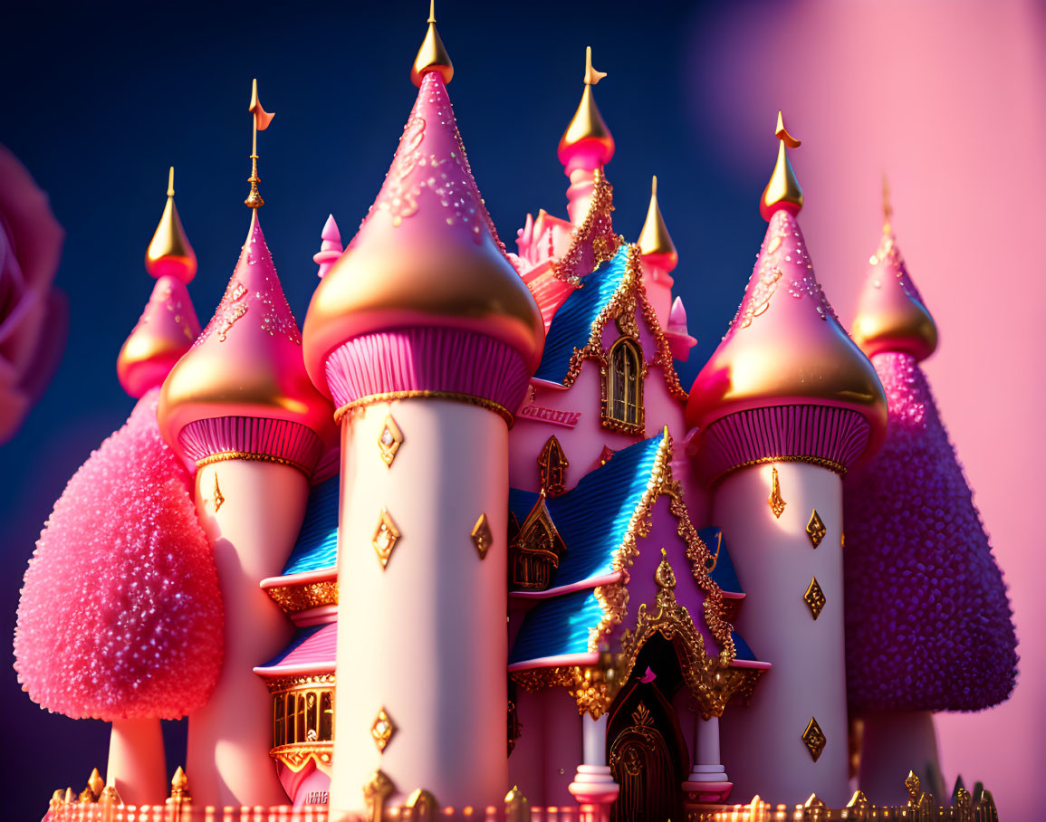 Fantasy castle illustration with pink and purple turrets