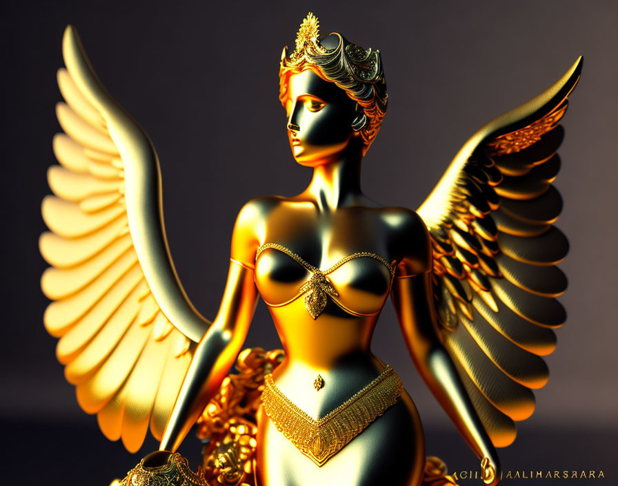 Intricately detailed golden winged female statue in crown, jewelry, and bikini