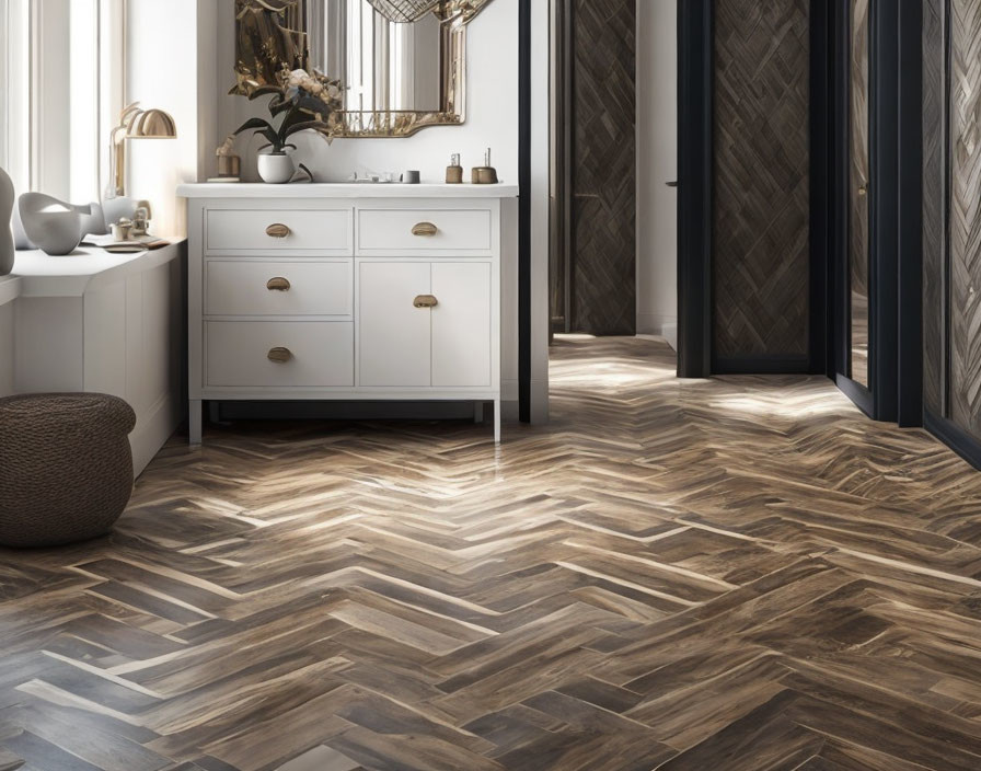 Contemporary interior with herringbone parquet floor, white dresser, gold handles, mirror, and