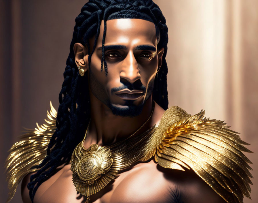 Dark-skinned man with long dreadlocks in gold armor and medallion.