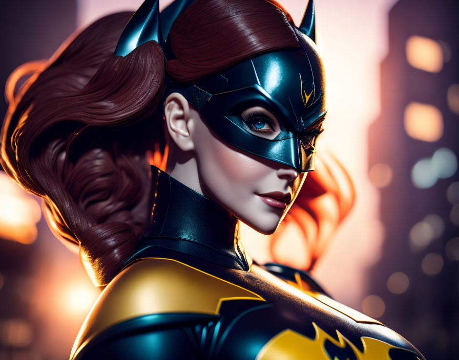 Female superhero with bat-like mask and red hair in black and yellow costume against cityscape at dusk