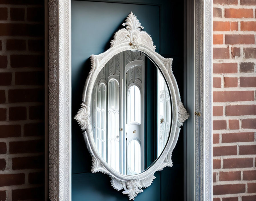 Vintage mirror reflecting elegant white door against brick wall and dark background