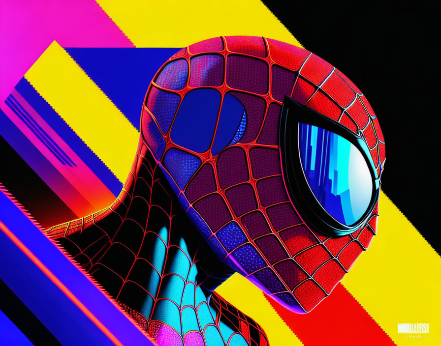 Colorful Spider-Man head with futuristic helmet on abstract neon background