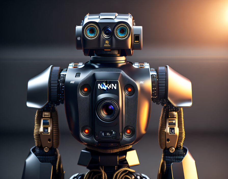 Futuristic robot with camera lens body and articulated arms on warm backdrop