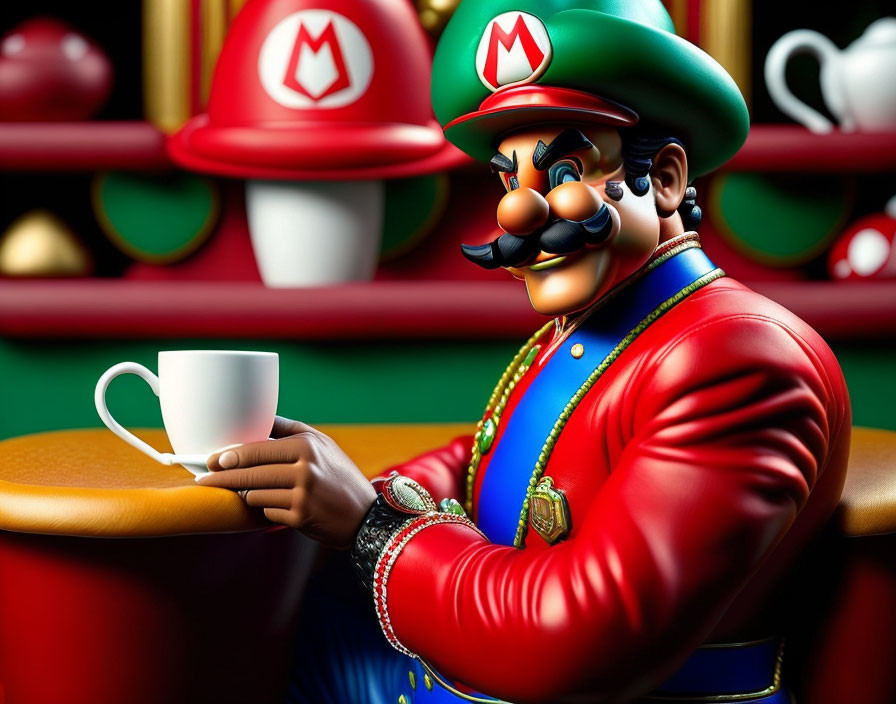 Mario in red uniform savoring coffee by pipes and hats