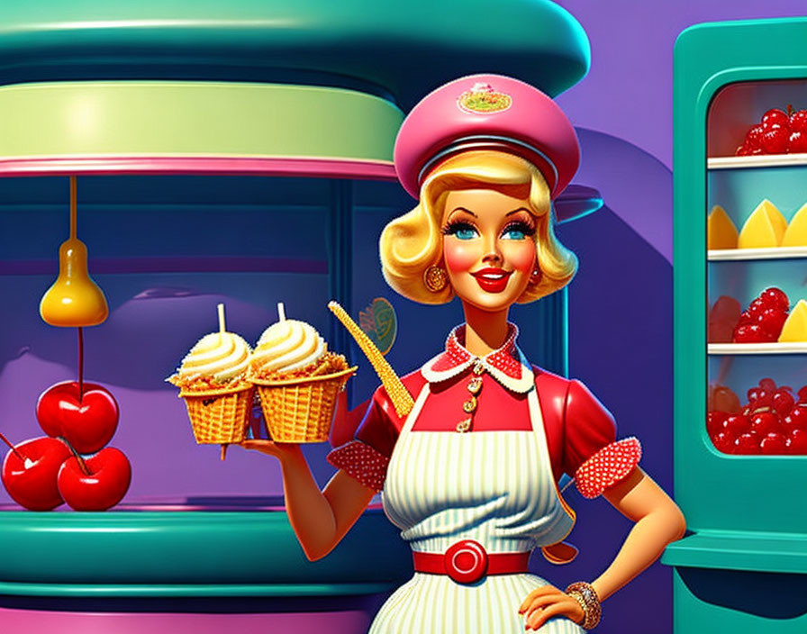 Smiling waitress in retro diner serves ice cream