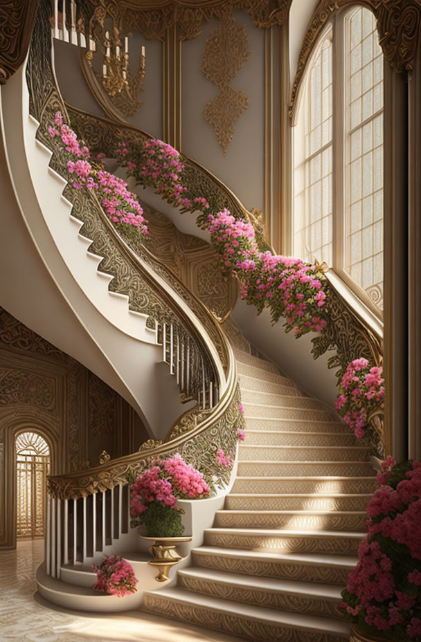 Luxurious interior staircase with golden details and pink flowers