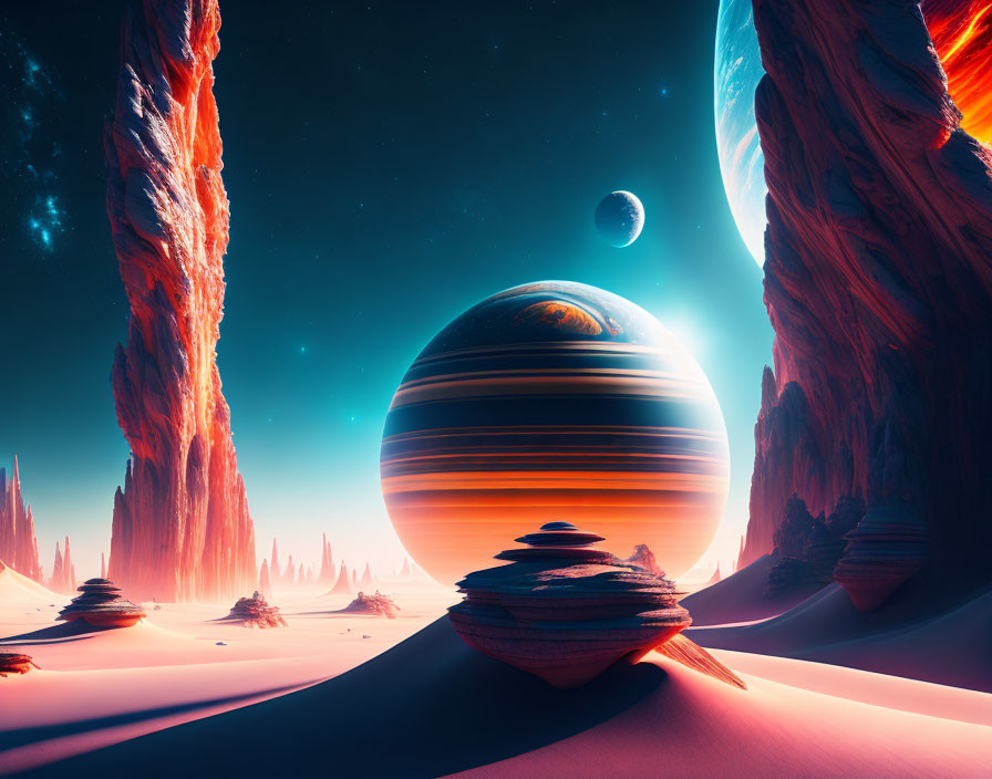 Surreal sci-fi landscape with red rock formations and ringed planet in the sky